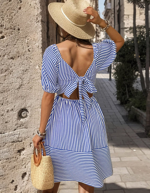 Load image into Gallery viewer, Perfee Smocked Striped Balloon Sleeve Mini Dress
