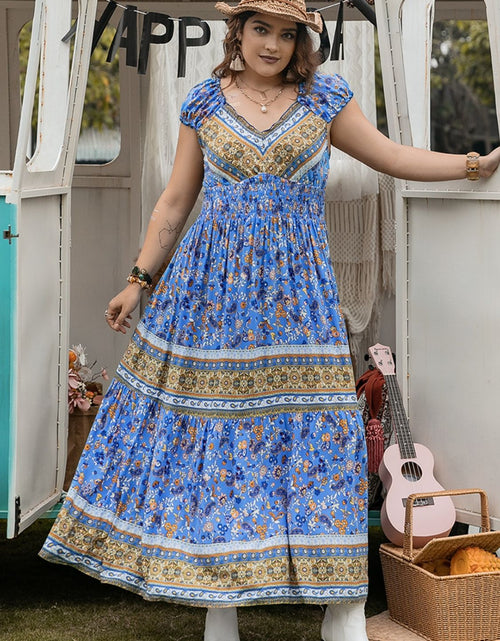 Load image into Gallery viewer, Plus Size Smocked Printed Cap Sleeve Dress
