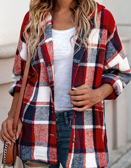 Load image into Gallery viewer, Plaid Button Up Hooded Shacket
