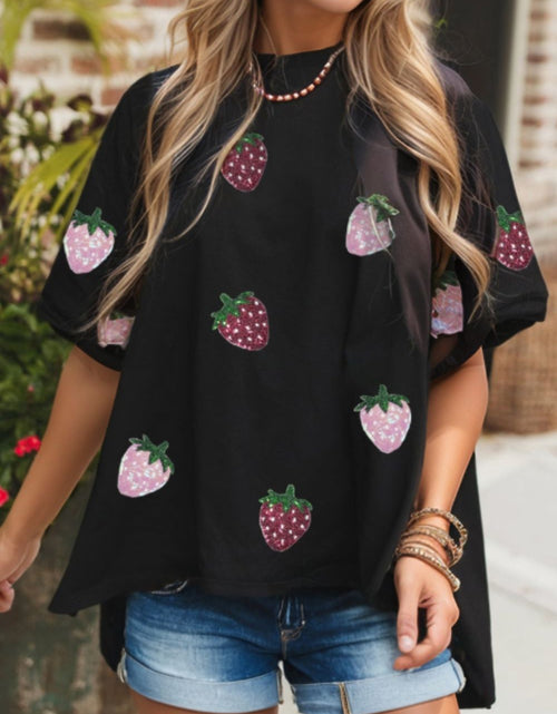 Load image into Gallery viewer, Sequin Strawberry High Low Half Sleeve Relaxed Fit T-Shirt
