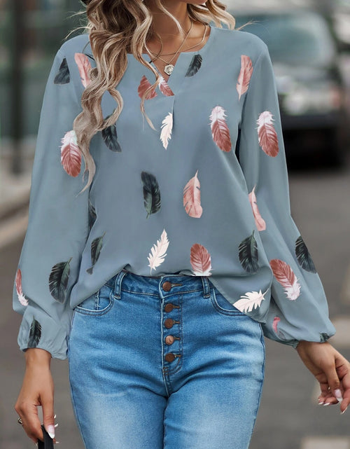 Load image into Gallery viewer, Feather Print Notched Balloon Sleeve Top
