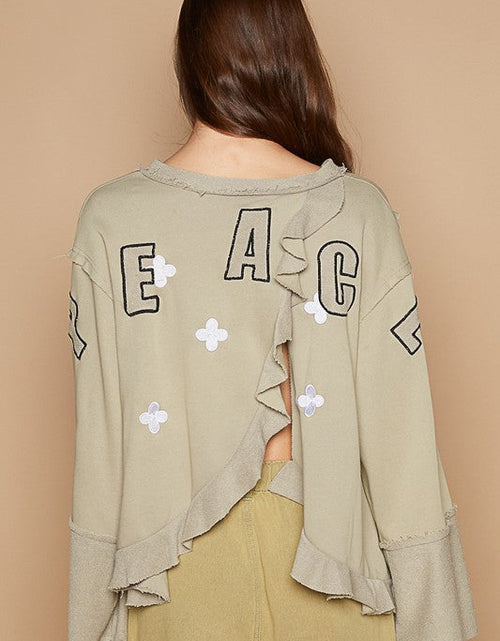 Load image into Gallery viewer, POL Peace Embroidered Exposed Seam Back Ruffle V-Neck Top
