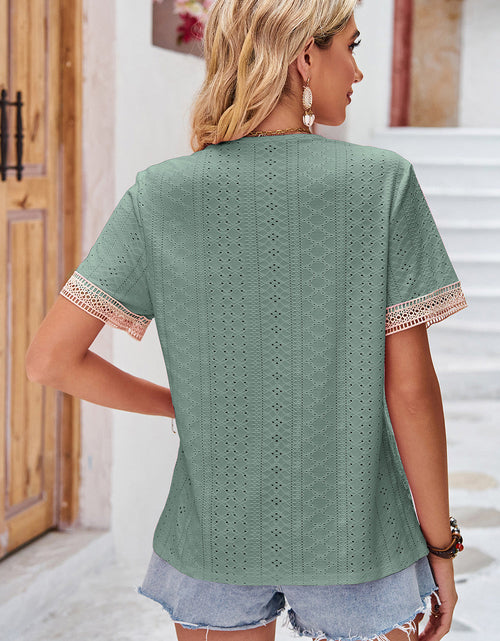 Load image into Gallery viewer, Eyelet V-Neck Short Sleeve T-Shirt
