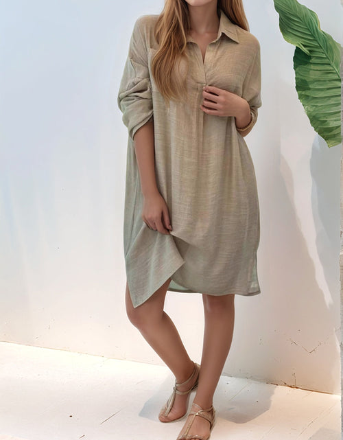 Load image into Gallery viewer, Full Size Side Slit Roll-Tab Sleeve Mini Shirt Dress Plus Size
