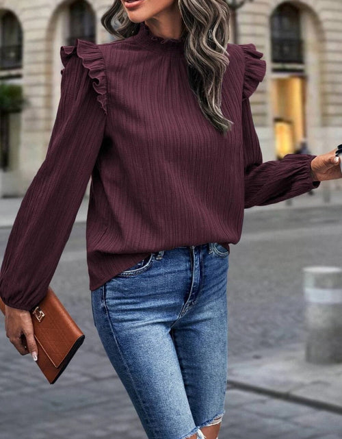 Load image into Gallery viewer, Mock Neck Ruffle Shoulder Blouse

