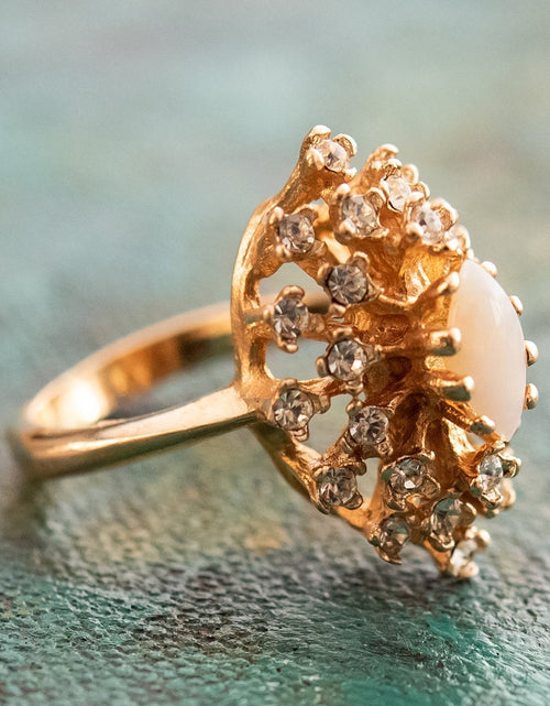 Load image into Gallery viewer, Vintage Ring Genuine Opal with Clear and Ruby Austrian Crystals 18kt Yellow Gold Electroplated by PVD Vintage Jewelry
