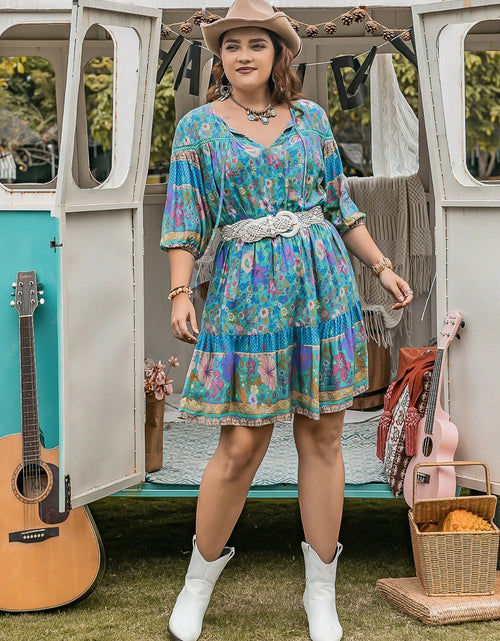 Load image into Gallery viewer, Plus Size Printed Tie Neck Mini Dress
