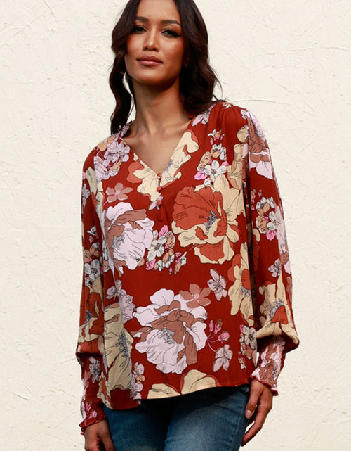 Load image into Gallery viewer, Floral V-Neck Smocked Lantern Sleeve Blouse

