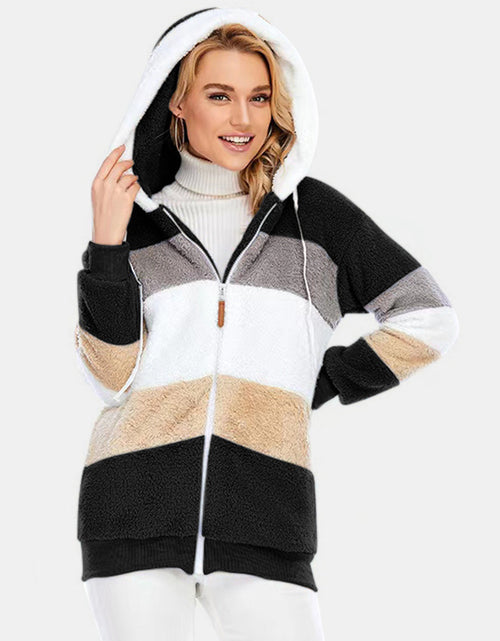 Load image into Gallery viewer, Full Size Drawstring Color Block Zip Up Hooded Outerwear
