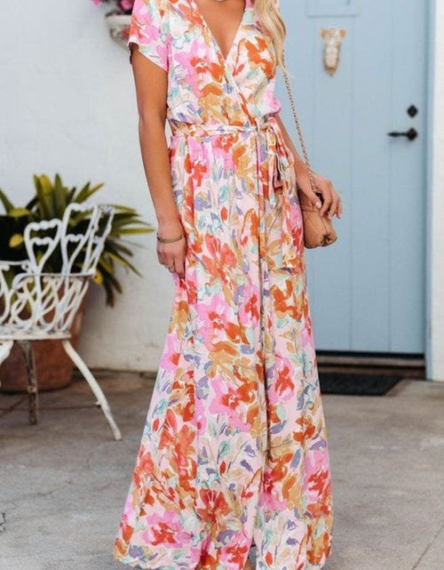 Load image into Gallery viewer, Printed Surplice Short Sleeve Tie Waist Maxi Dress
