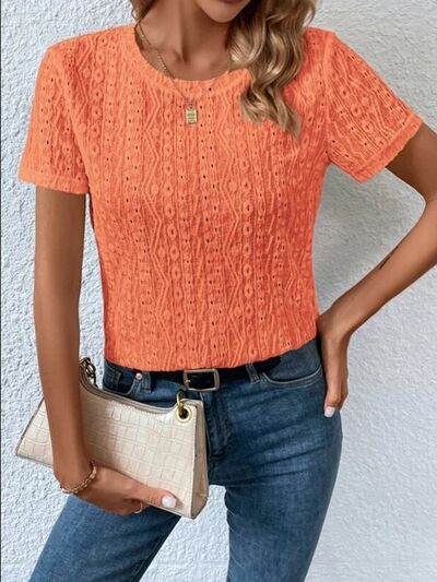 Load image into Gallery viewer, Eyelet Round Neck Short Sleeve T-Shirt
