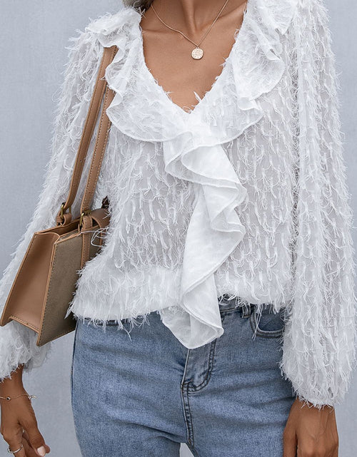 Load image into Gallery viewer, Ivy Lane Ruffle Hem Fringe V-Neck Balloon Sleeve Blouse
