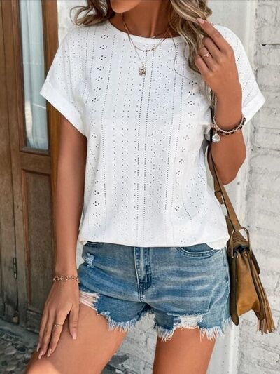 Load image into Gallery viewer, Eyelet Round Neck Short Sleeve T-Shirt
