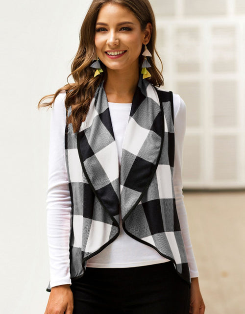 Load image into Gallery viewer, Shiny Plaid Open Front Sleeveless Cardigan
