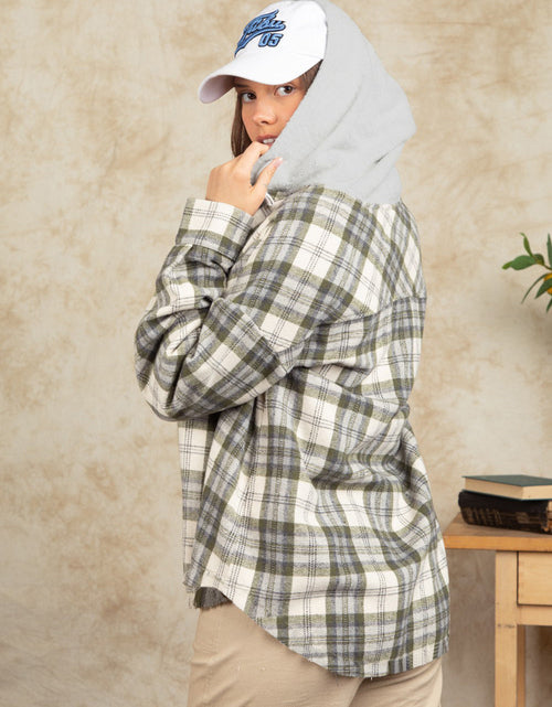 Load image into Gallery viewer, Drawstring Plaid Long Sleeve Hooded Jacket
