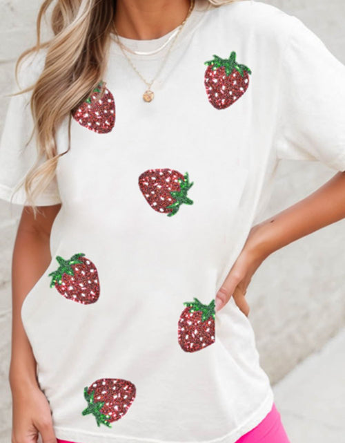Load image into Gallery viewer, Sequin Strawberry Crew Neck Short Sleeve T Shirt
