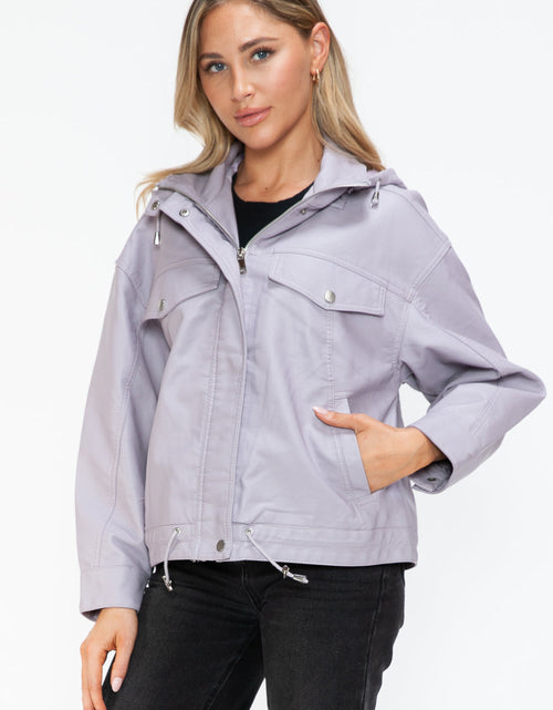 Load image into Gallery viewer, How Dare U Drawstring Hem PU Leather Zip Up Jacket
