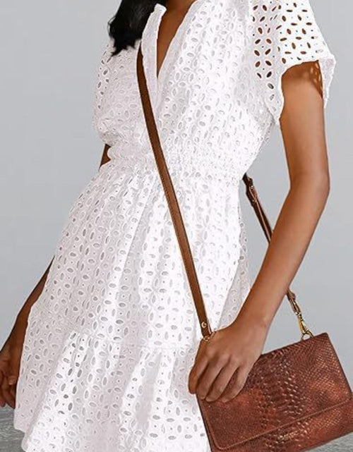 Load image into Gallery viewer, Eyelet Notched Short Sleeve Mini Dress

