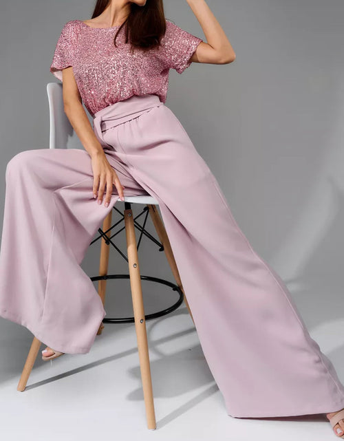 Load image into Gallery viewer, Full Size Sequin Round Neck Short Sleeve Wide Leg Jumpsuit
