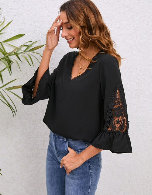 Load image into Gallery viewer, V-Neck Lace Detail Flounce Sleeve Blouse
