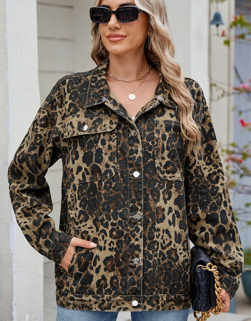 Load image into Gallery viewer, Pocketed Leopard Long Sleeve Denim Jacket
