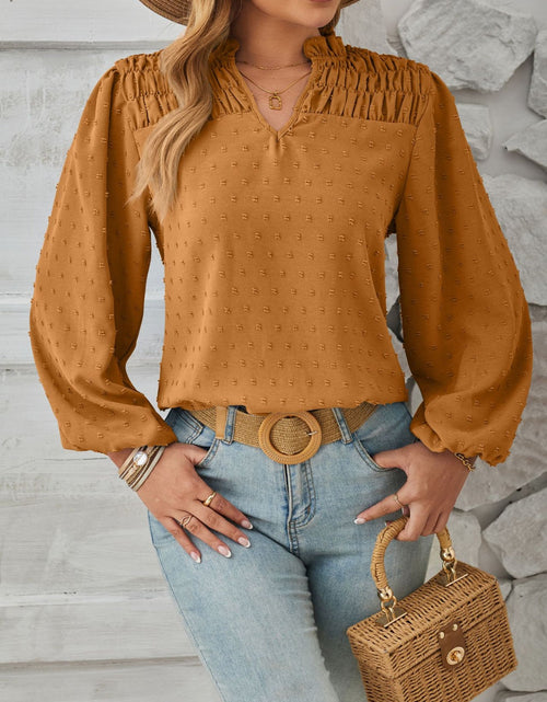 Load image into Gallery viewer, Ruched Swiss Dot Notched Balloon Sleeve T-Shirt
