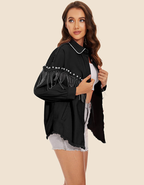 Load image into Gallery viewer, Raw Hem Fringe Detail Denim Jacket
