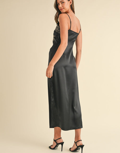 Load image into Gallery viewer, Mable Embroidered Cami Satin Midi Slit Dress
