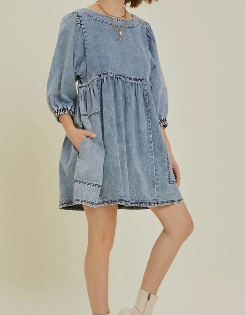 Load image into Gallery viewer, Cutout Round Neck Balloon Sleeve Denim Dress
