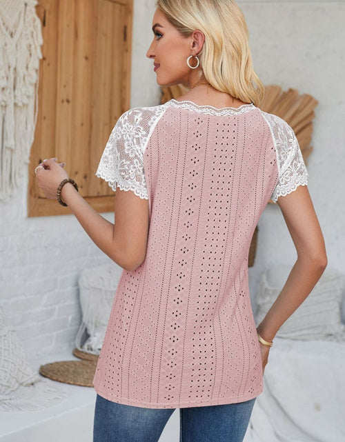 Load image into Gallery viewer, Eyelet V-Neck Lace Short Sleeve T-Shirt

