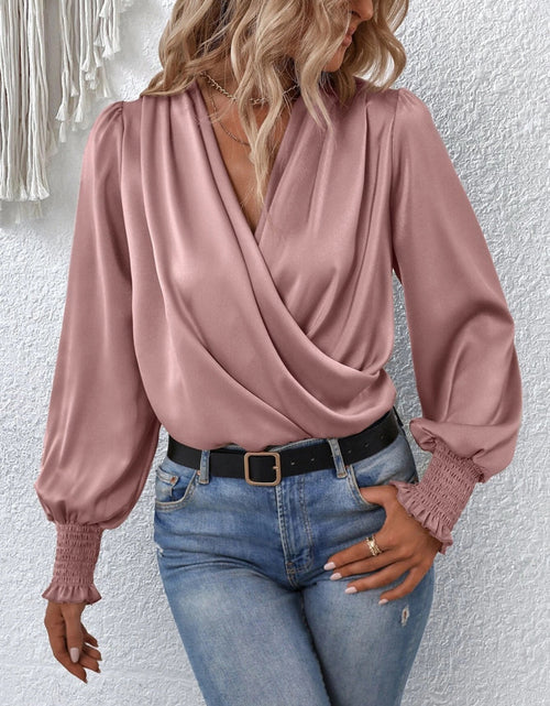 Load image into Gallery viewer, Surplice Smocked Lantern Sleeve Blouse
