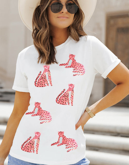 Load image into Gallery viewer, Sequin Leopard Round Neck Short Sleeve T-Shirt

