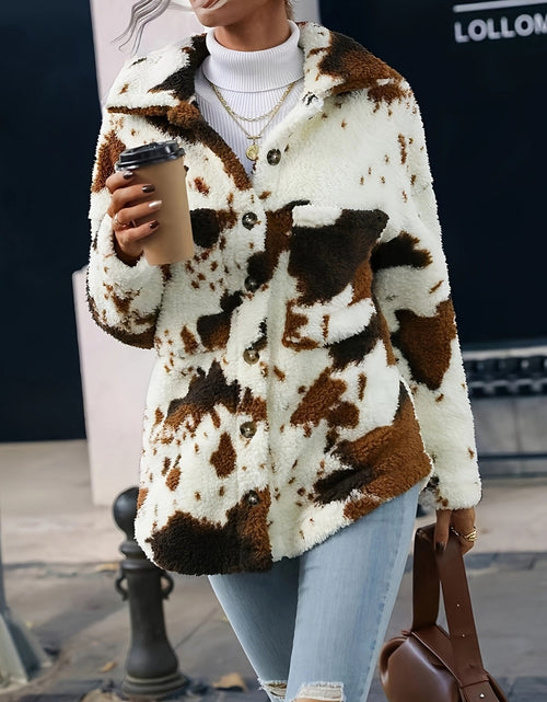 Load image into Gallery viewer, Cow Print Collared Neck Button Up Fuzzy Jacket

