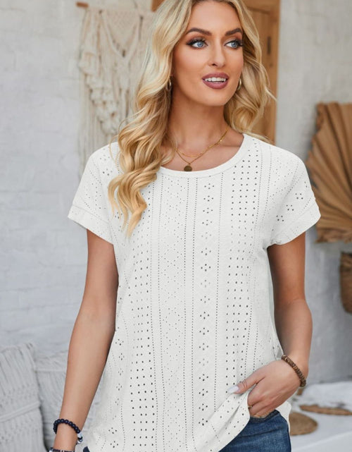 Load image into Gallery viewer, Eyelet Round Neck Rolled Short Sleeve T-Shirt
