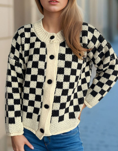 Load image into Gallery viewer, Checkered Button Up Round Neck Cardigan
