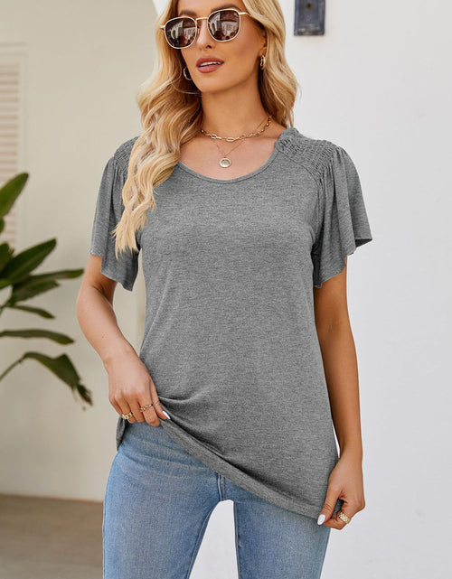 Load image into Gallery viewer, Smocked Round Neck Flutter Sleeve T-Shirt
