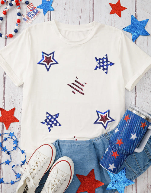 Load image into Gallery viewer, Sequin Star Round Neck Short Sleeve T-Shirt
