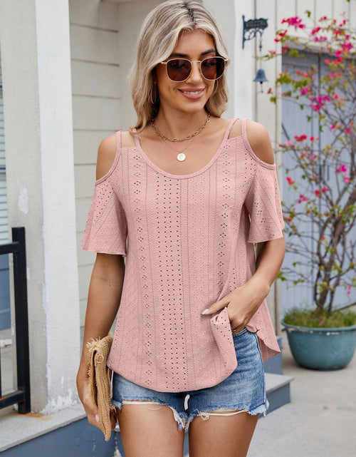 Load image into Gallery viewer, Florira Round Neck Cold Shoulder Eyelet T-Shirt
