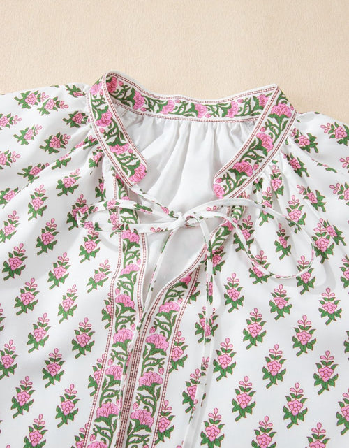 Load image into Gallery viewer, Floral Print Puff Sleeve Tie Neck Ruffled Hem Dress
