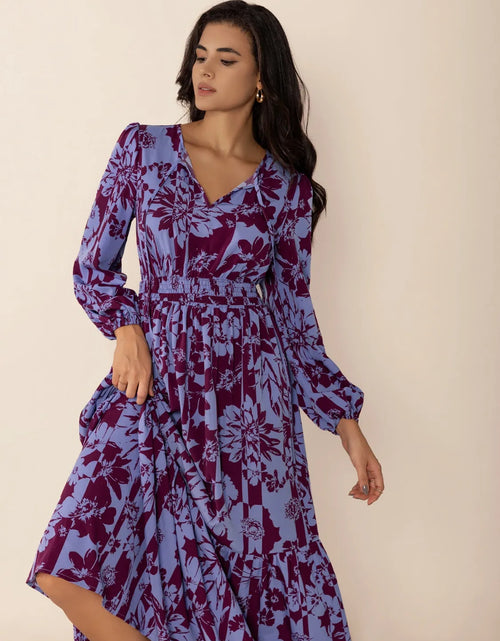 Load image into Gallery viewer, Printed Tie Neck Balloon Sleeve Maxi Dress
