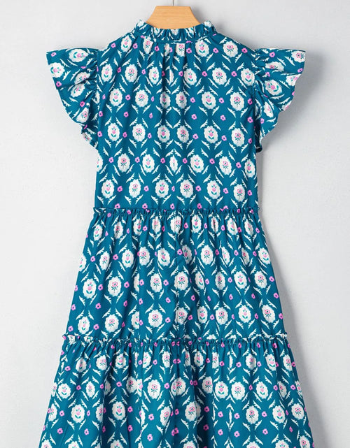 Load image into Gallery viewer, Printed Tie Neck Ruffled Cap Sleeve Dress
