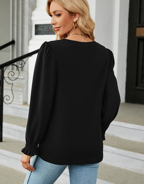 Load image into Gallery viewer, Round Neck Smocked Flounce Sleeve Blouse

