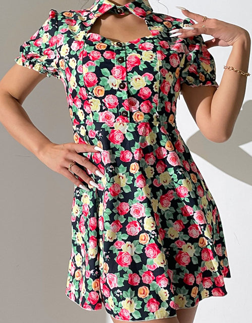 Load image into Gallery viewer, Shiny Floral Buttoned Cutout Puff Sleeve Dress
