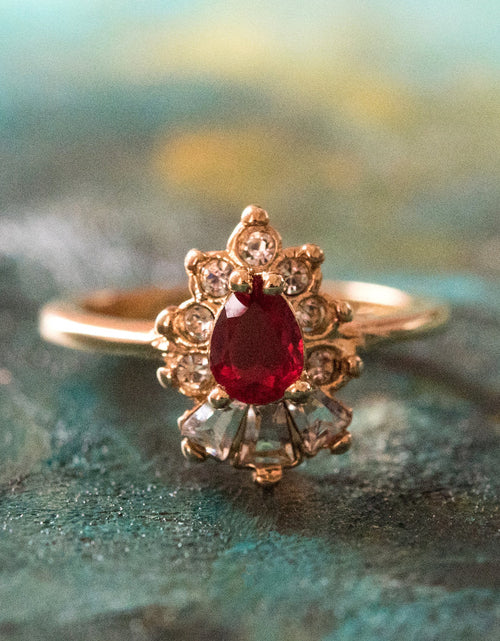 Load image into Gallery viewer, Vintage 1990's Ring Ruby and Clear Austrian Crystals 18k Yellow Gold Plated by PVD Vintage Jewelry
