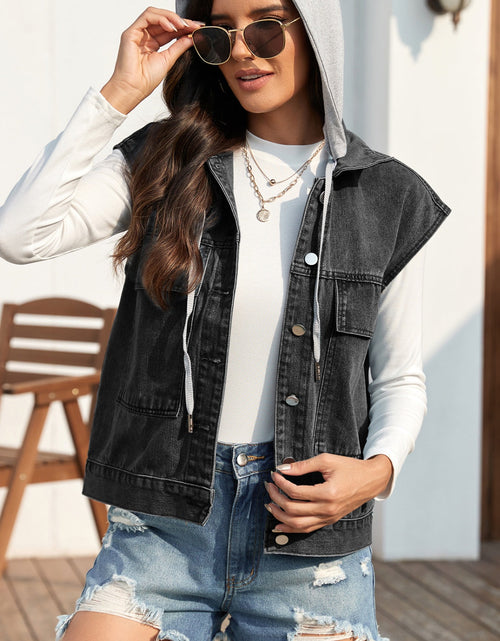Load image into Gallery viewer, Drawstring Button Up Sleeveless Denim Jacket
