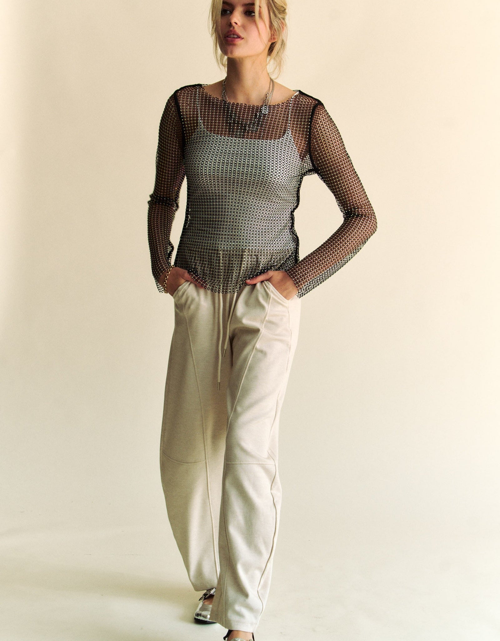 Davi & Dani Sparkling Rhinestone Sheer Mesh Round Neck Top