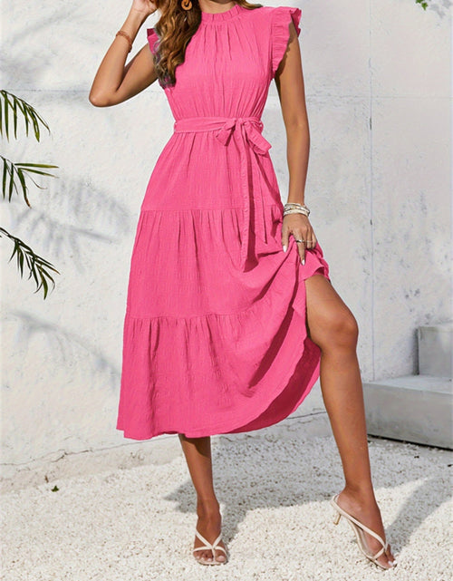 Load image into Gallery viewer, Frill Mock Neck Ruffled Cap Sleeve Midi Dress
