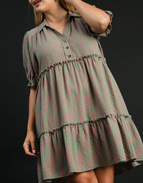 Load image into Gallery viewer, Umgee Full Size Plaid Frill Button Detail Ruffled Short Sleeve Dress Plus Size
