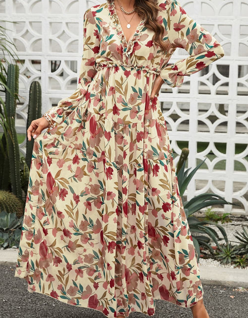 Load image into Gallery viewer, Floral Frill Trim Flounce Sleeve Plunge Maxi Dress
