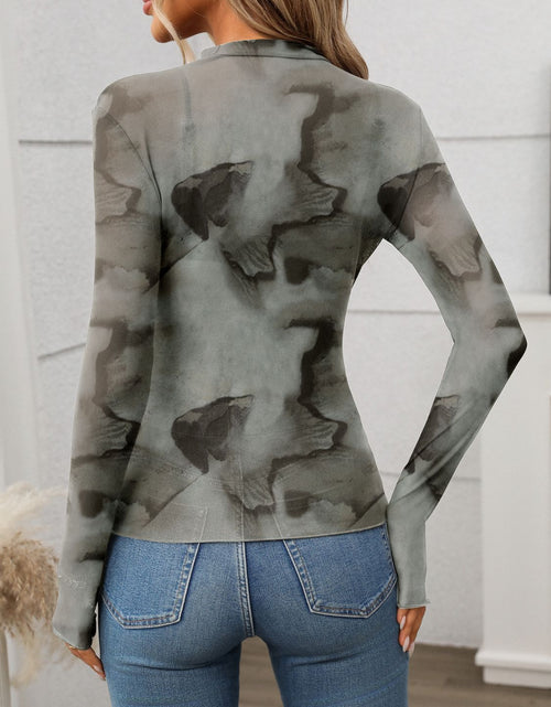 Load image into Gallery viewer, Printed Mock Neck Long Sleeve Mesh T-Shirt
